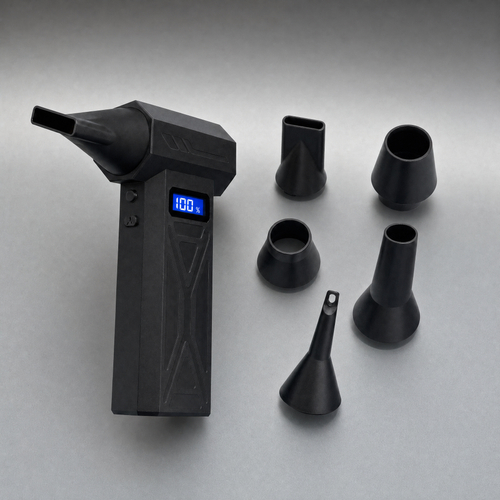 Display Kit blower with illuminated battery screen, mounted flat nozzle, and five separate nozzle attachments.