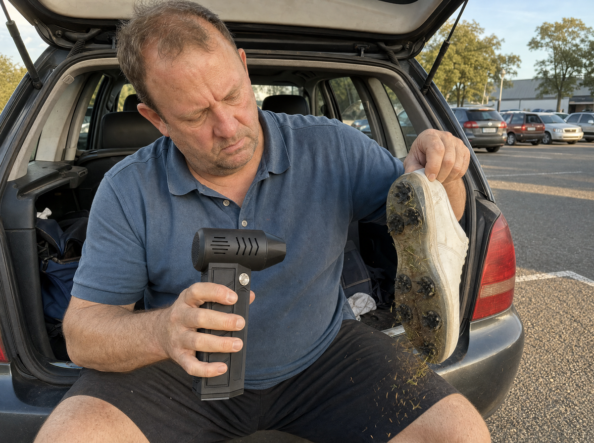 Oryn clearing golf shoes before loading the car