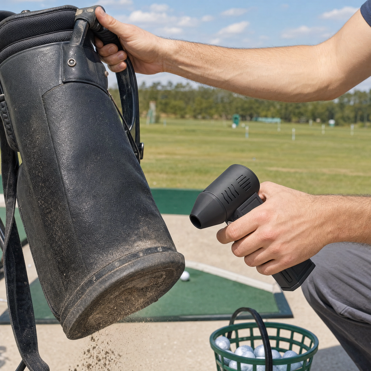Oryn clearing sand from golf gear