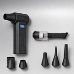Display blower with illuminated battery screen, assembled dust canister and brush, and five nozzle attachments.